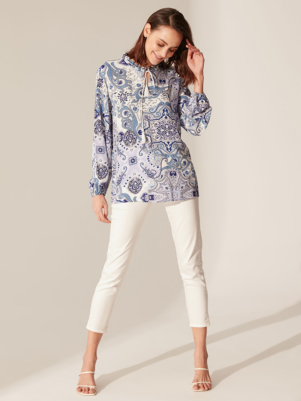 Neck Detailed and Figured Viscose Blouse-3