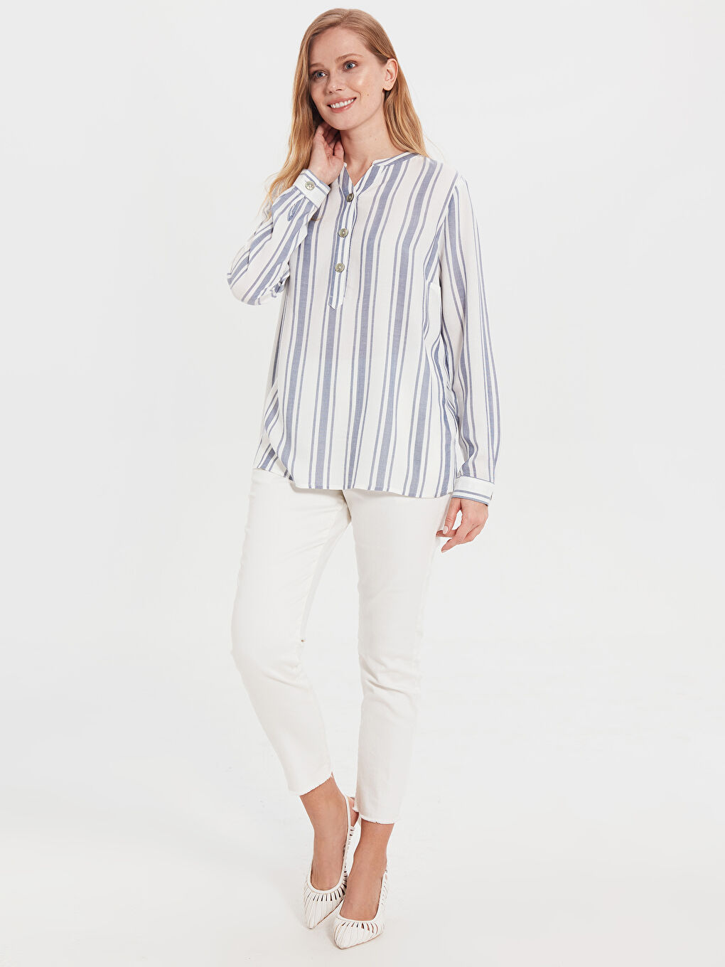Long Sleeve Women Striped Viscose Blouse-1