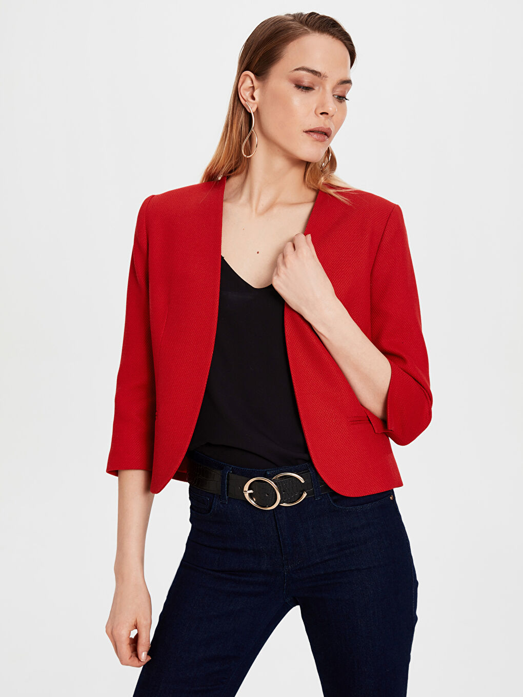 Kırmızı Şal Yaka Standart Fit Kadın Blazer Ceket-2