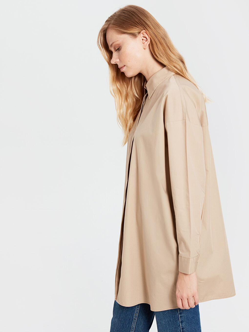 LCW Modest Long Sleeve Poplin Women's Straight Loose Tunic -0SL307Z8-CR8