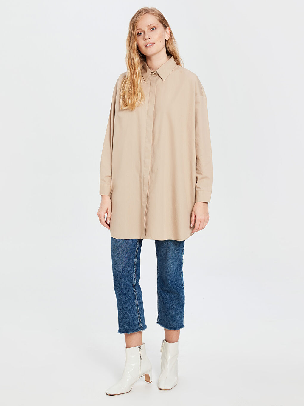 LCW Modest Long Sleeve Poplin Women's Straight Loose Tunic -0SL307Z8-CR8