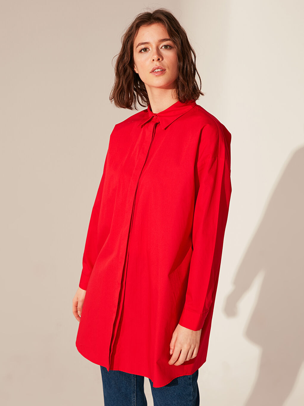 تونيك مستقيم واسع بكم طويل بوبلين للسيدات