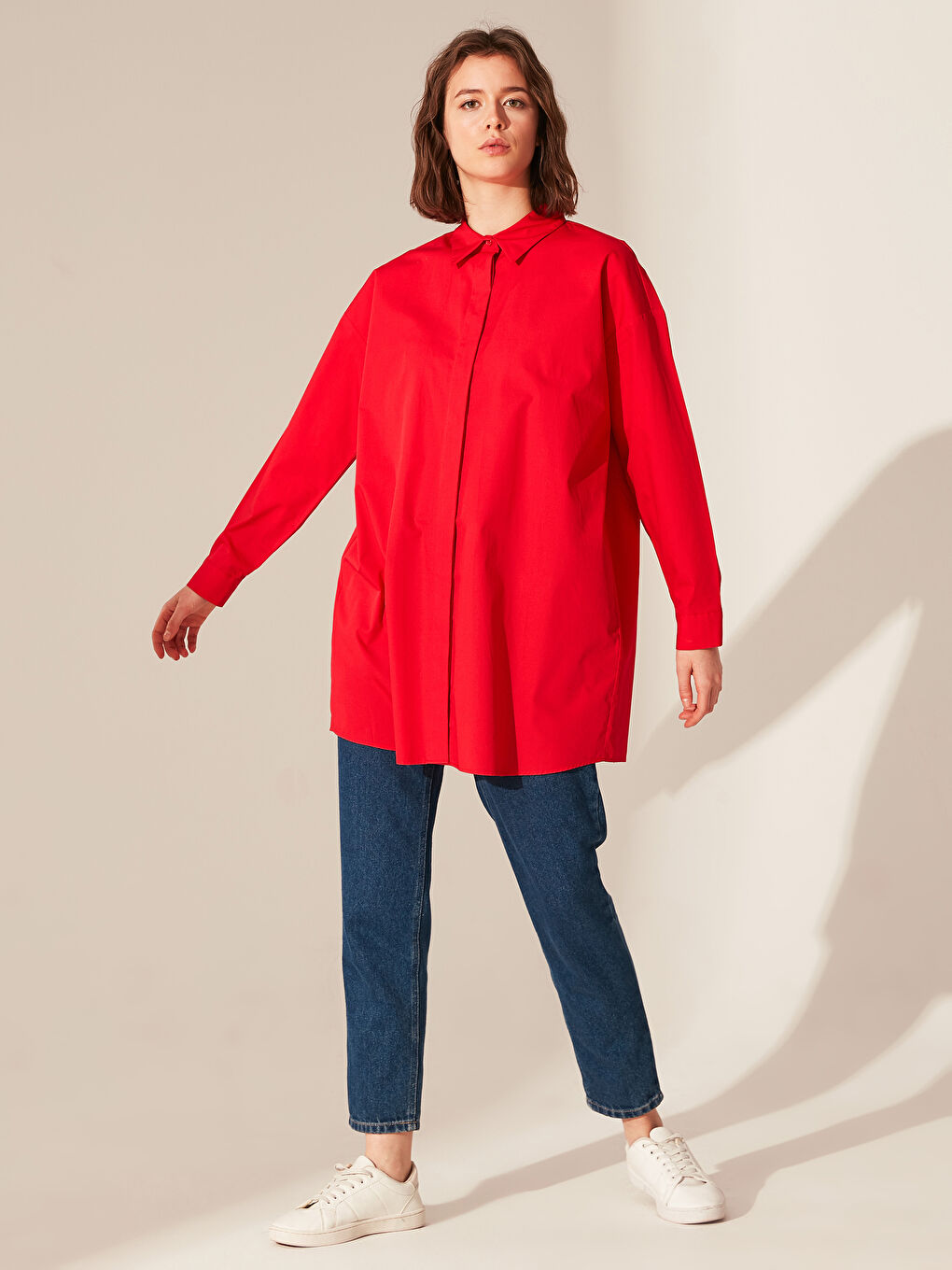 تونيك مستقيم واسع بكم طويل بوبلين للسيدات-3