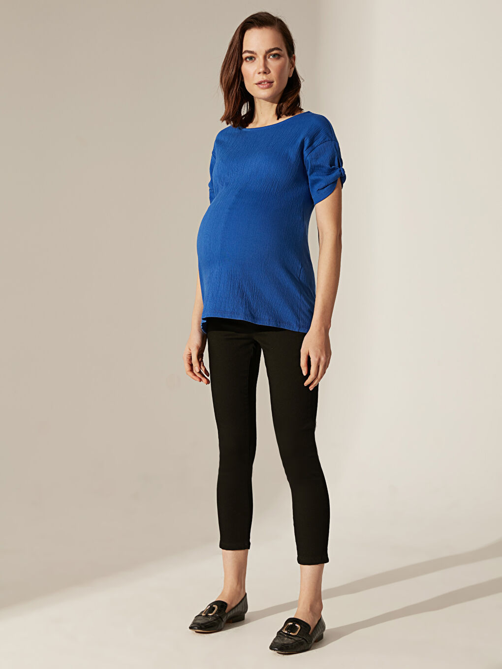 Mavi Bisiklet Yaka Kısa Kollu Hamile Tişört-6