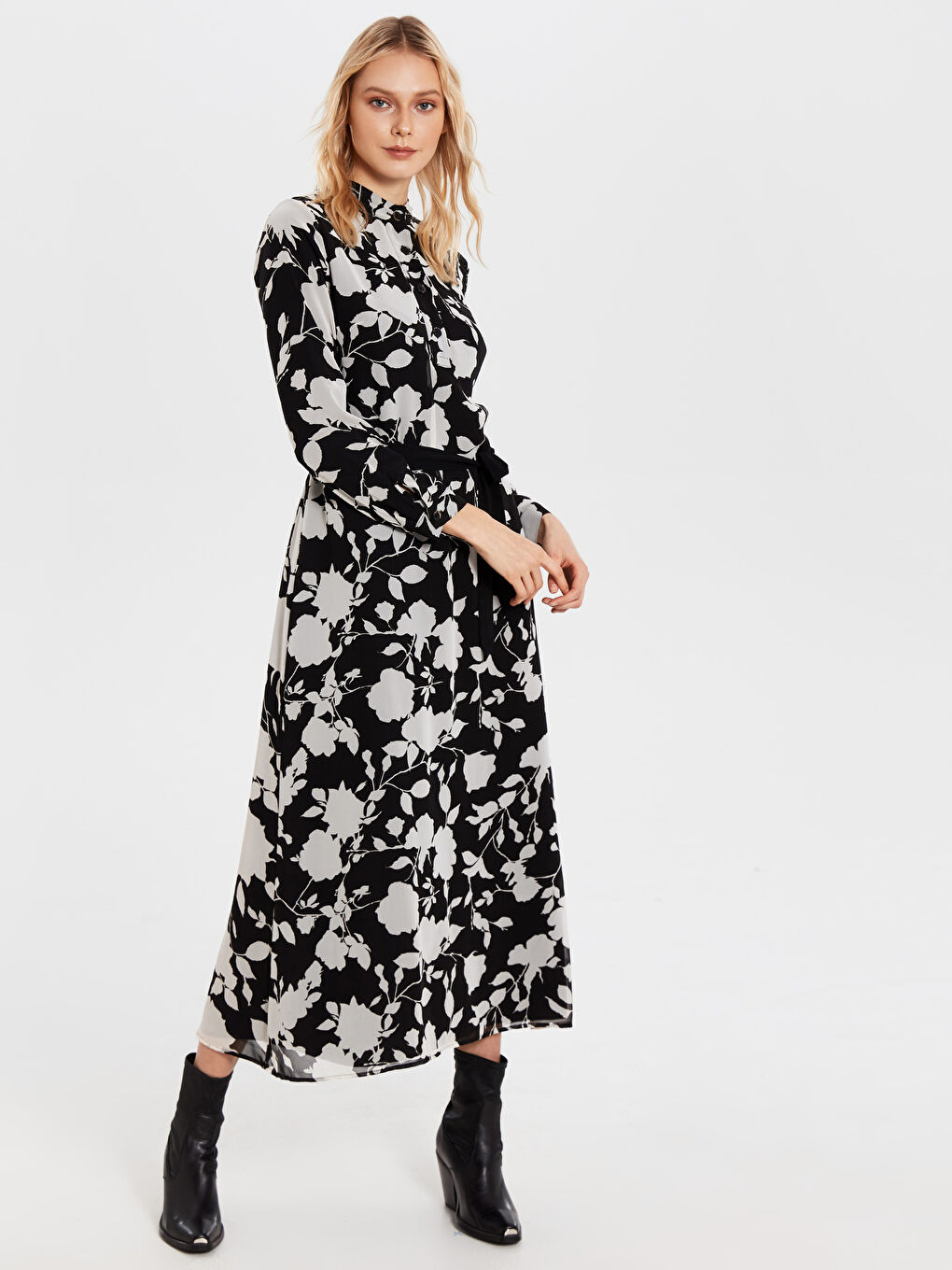 Siyah Uzun Kollu Şifon Kadın Gömlek Elbise-1