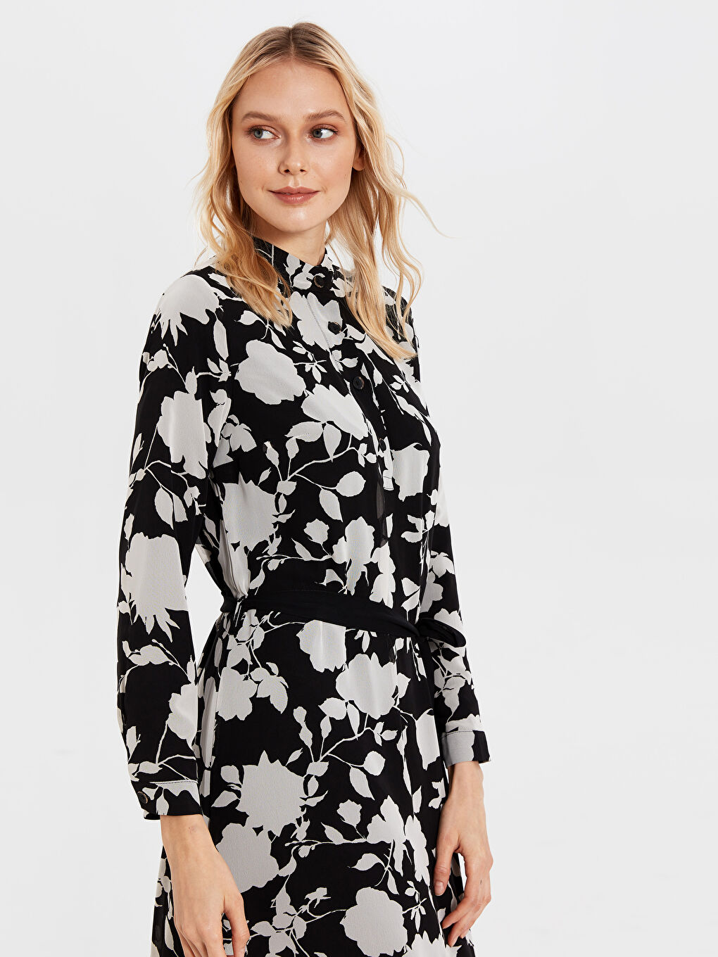 Siyah Uzun Kollu Şifon Kadın Gömlek Elbise-2