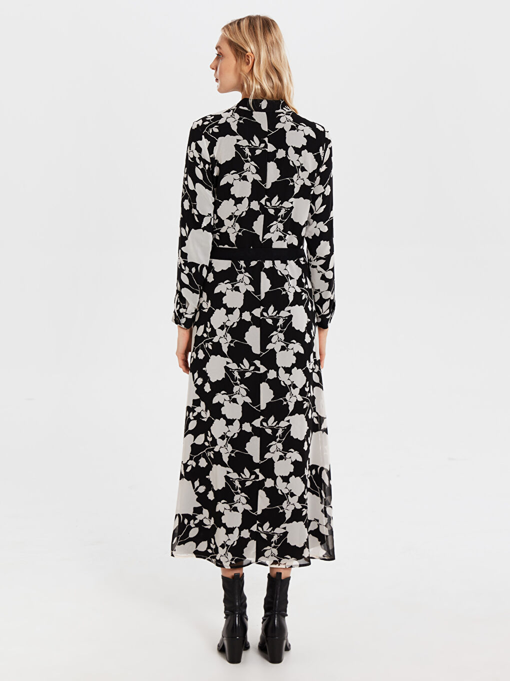 Siyah Uzun Kollu Şifon Kadın Gömlek Elbise-3