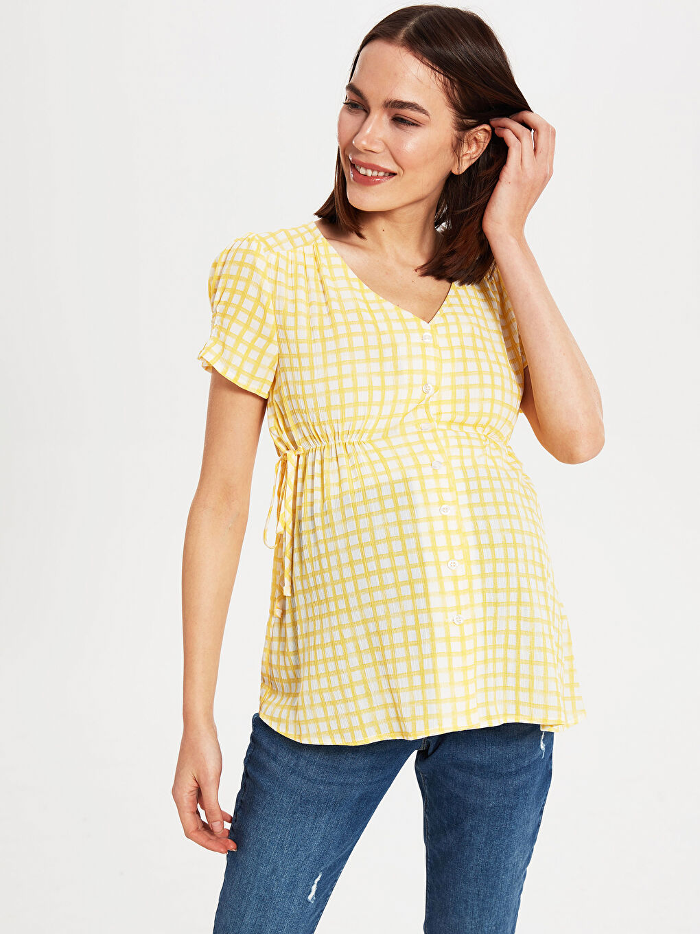 Chemise pour Femmes à Manches Courtes en Froissé avec Encolure en V-5