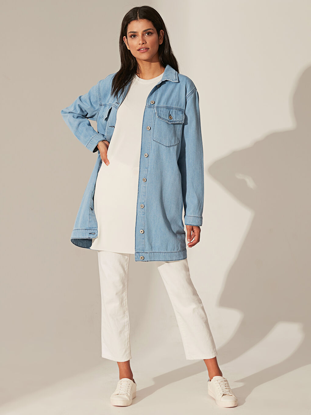 İndigo Gömlek Yaka Uzun Kollu Kadın Jean Ceket-1