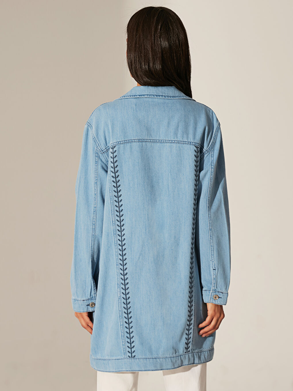 İndigo Gömlek Yaka Uzun Kollu Kadın Jean Ceket-2