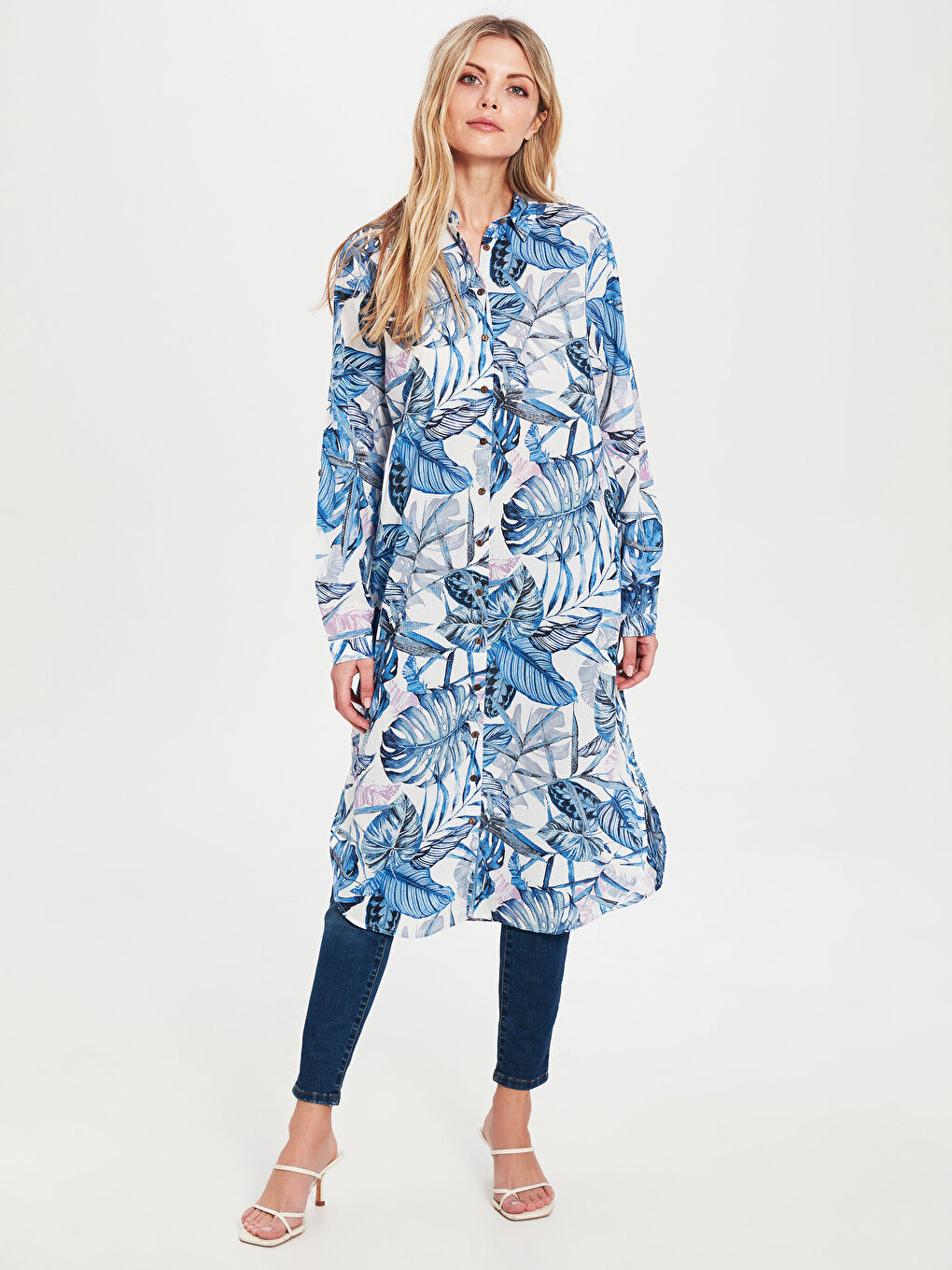 Mavi Gömlek Yaka Uzun Kollu Poplin Kadın Tunik