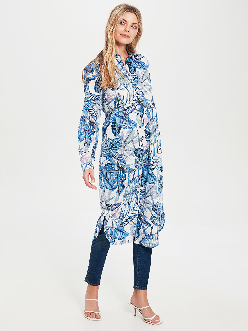 Mavi Gömlek Yaka Uzun Kollu Poplin Kadın Tunik-1