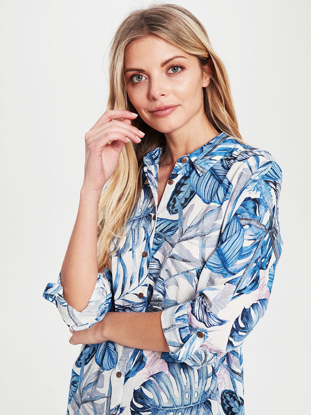 Mavi Gömlek Yaka Uzun Kollu Poplin Kadın Tunik-3