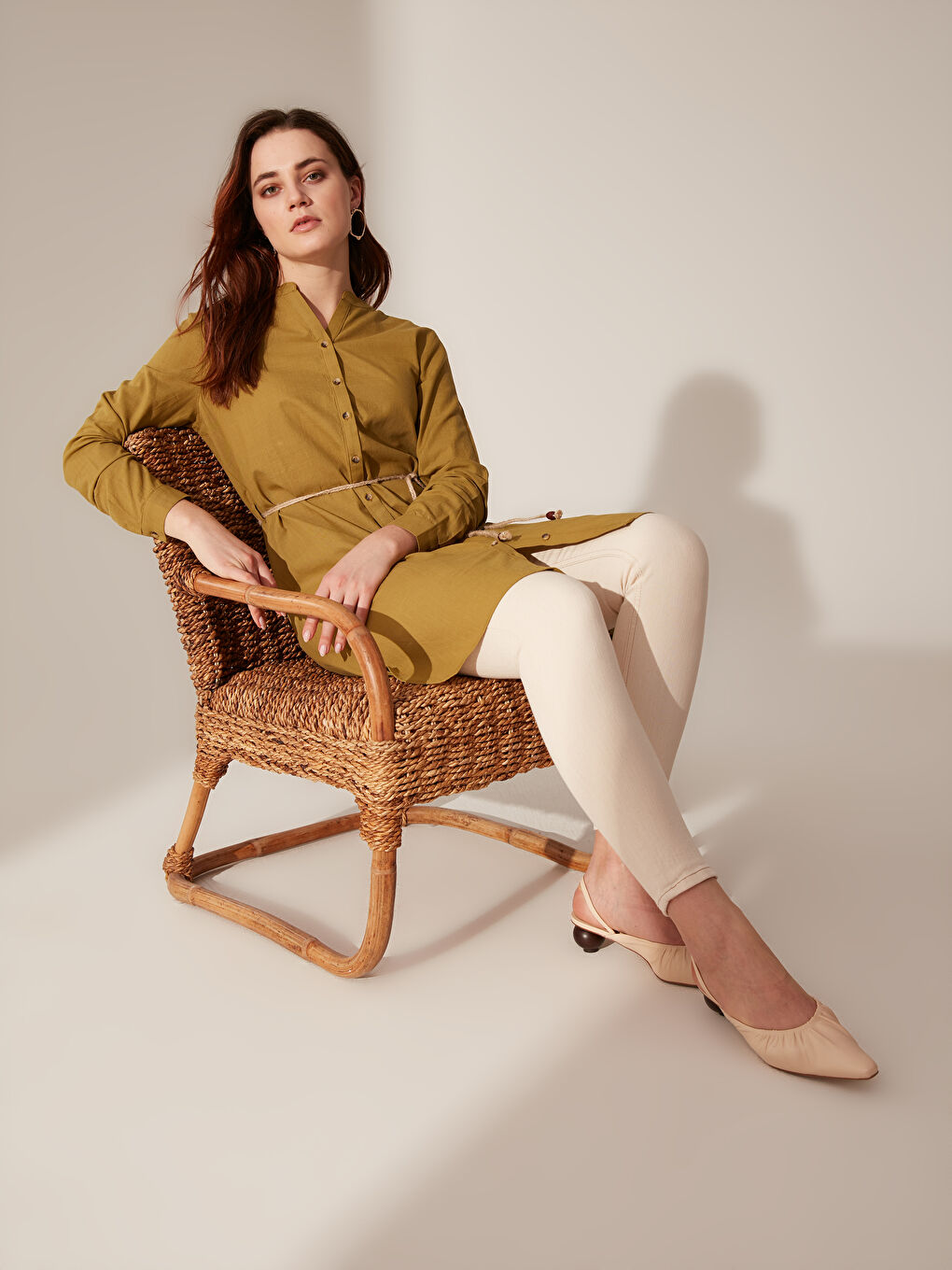 Haki Kaçık Yaka Uzun Kollu Kadın Tunik