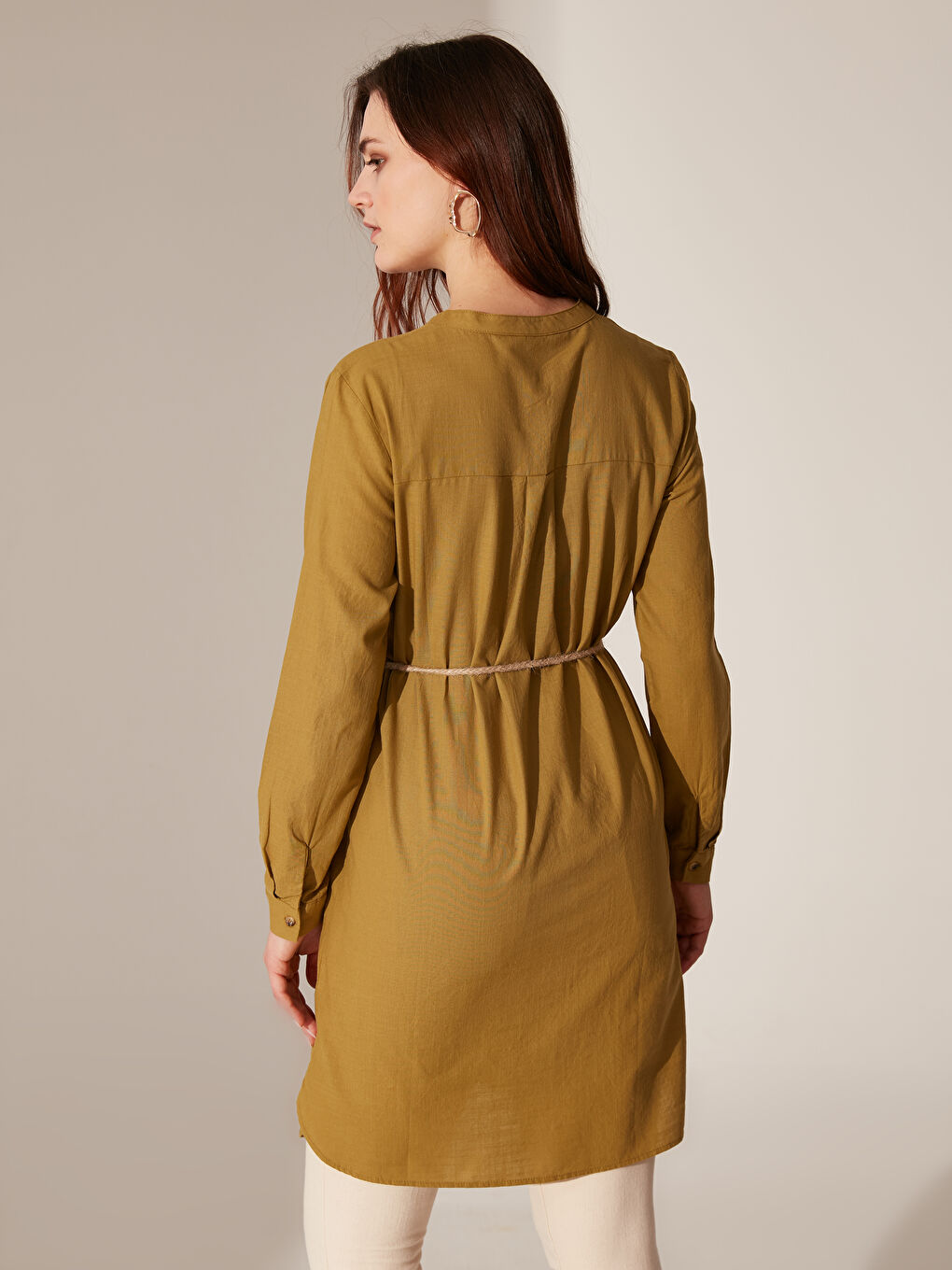 Haki Kaçık Yaka Uzun Kollu Kadın Tunik-4