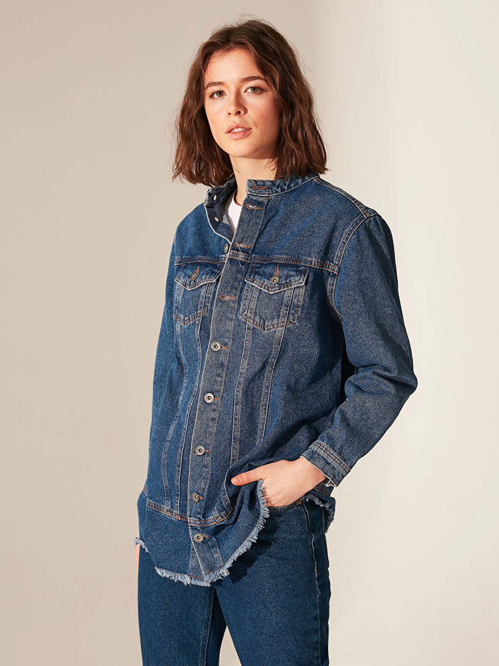 İndigo Uzun Kollu Kadın Dik Yaka Jean Ceket
