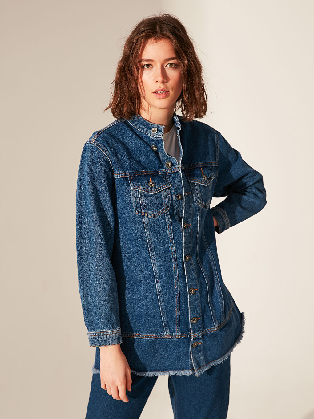 İndigo Uzun Kollu Kadın Dik Yaka Jean Ceket-1