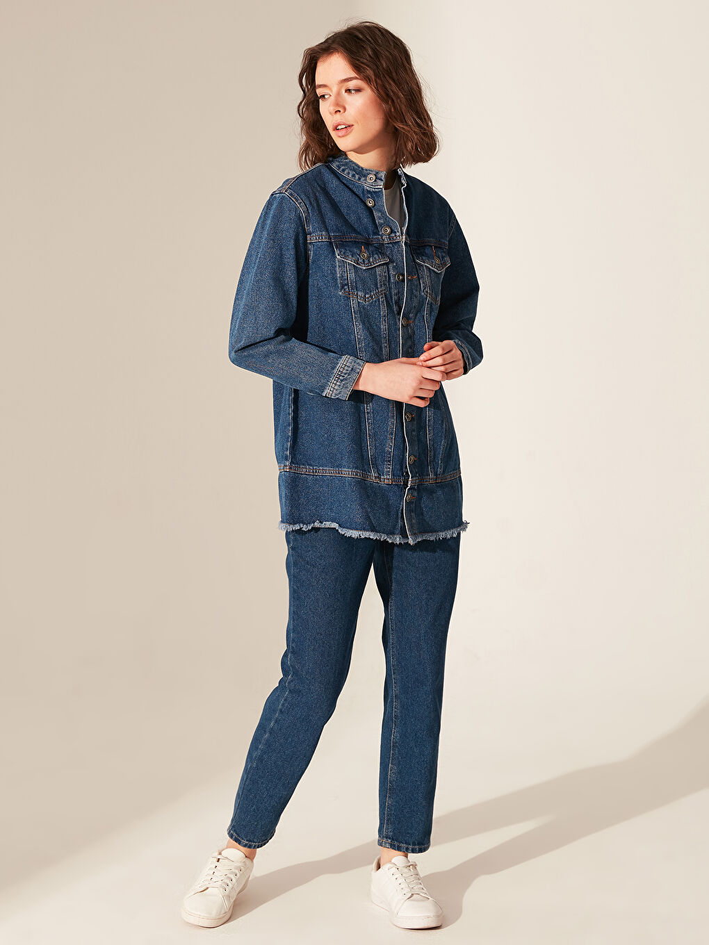 İndigo Uzun Kollu Kadın Dik Yaka Jean Ceket-3