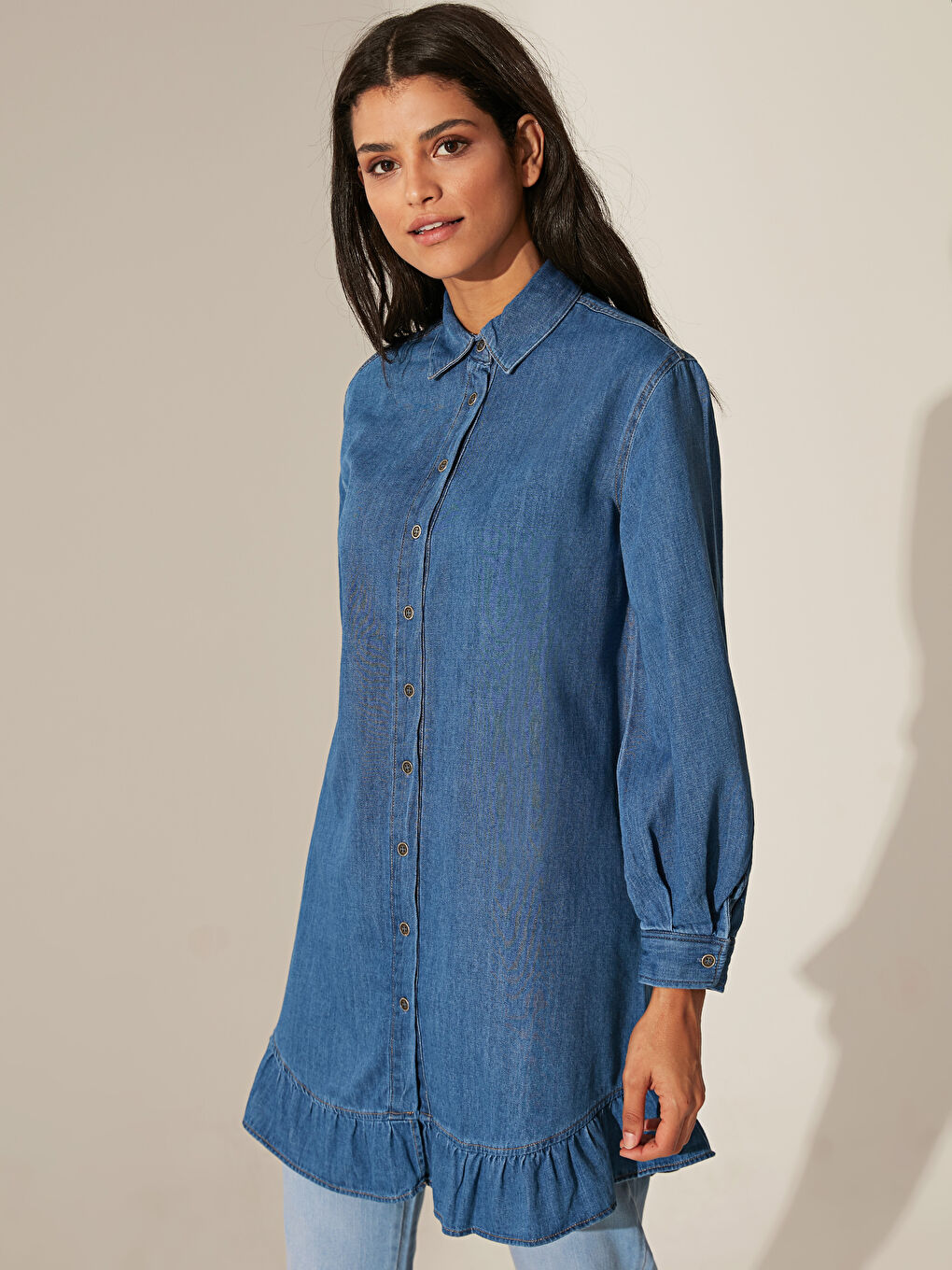 İndigo Fırfır Detaylı Uzun Kollu Kadın Jean Tunik