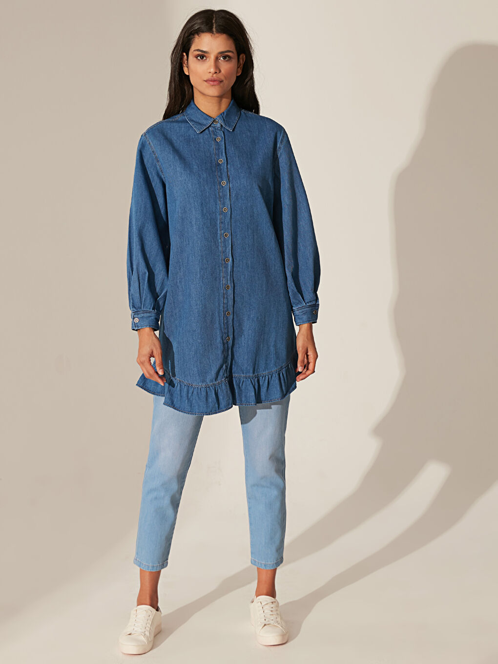 İndigo Fırfır Detaylı Uzun Kollu Kadın Jean Tunik-1