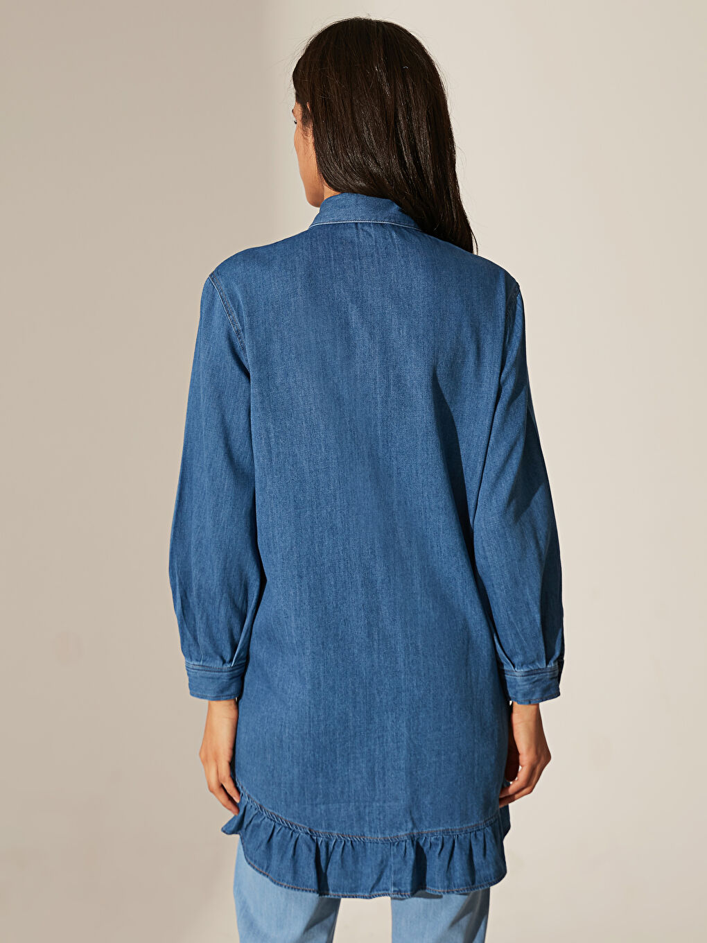 İndigo Fırfır Detaylı Uzun Kollu Kadın Jean Tunik-2