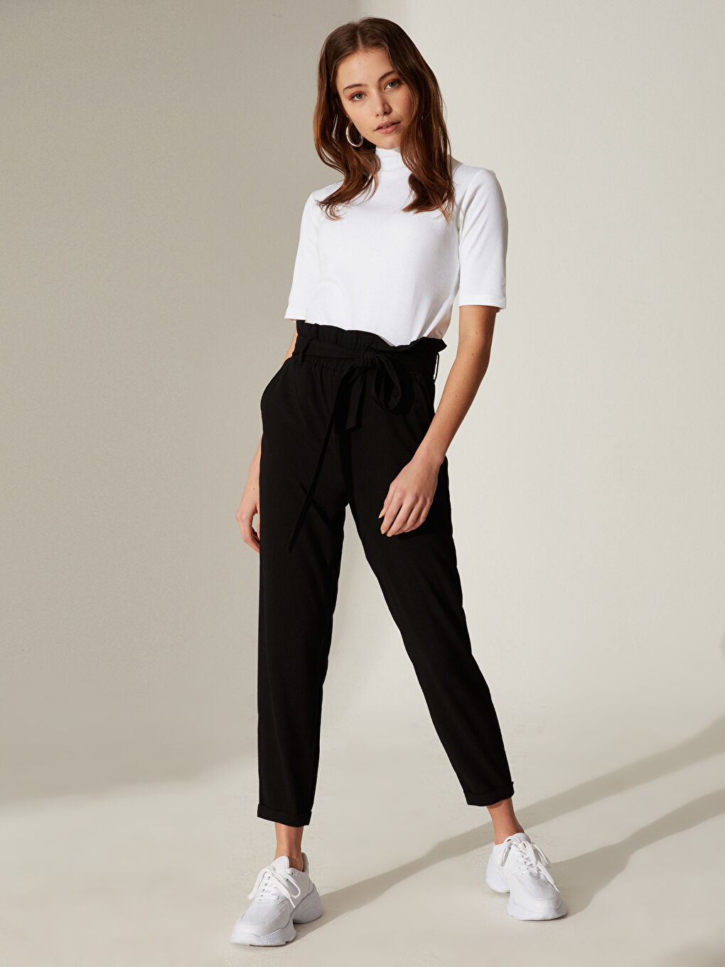 Pantalon Taille Mi-Haute Coupe Carotte Longueur Cheville-1