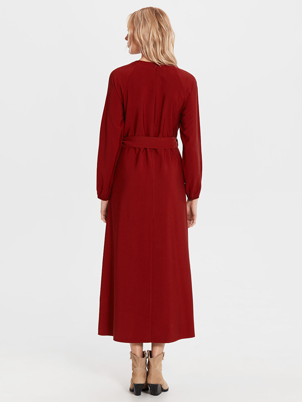 Turuncu Kuşaklı Viskon Elbise-2