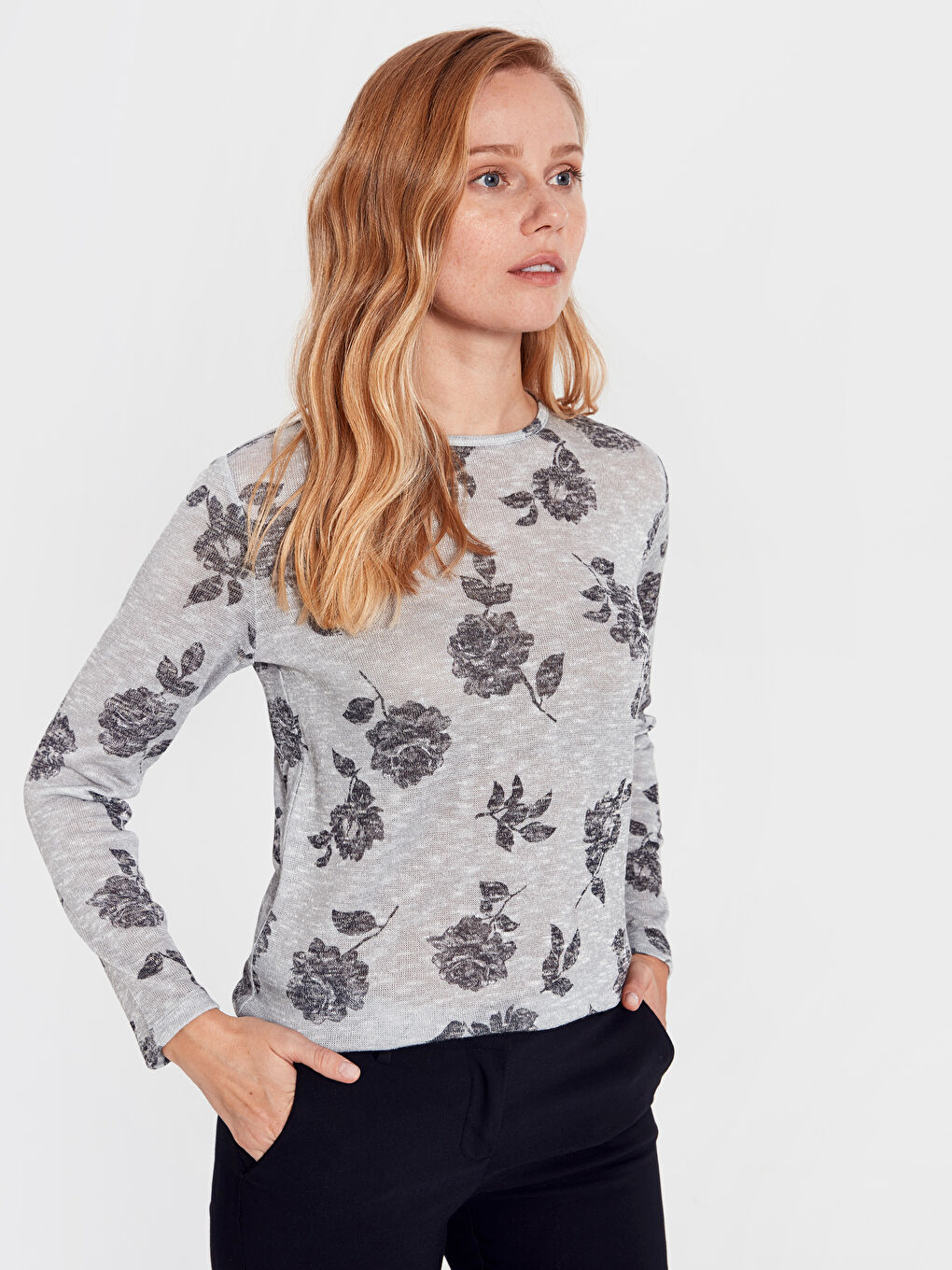 Gri Bisiklet Yaka Uzun Kollu Kadın Tişört-1