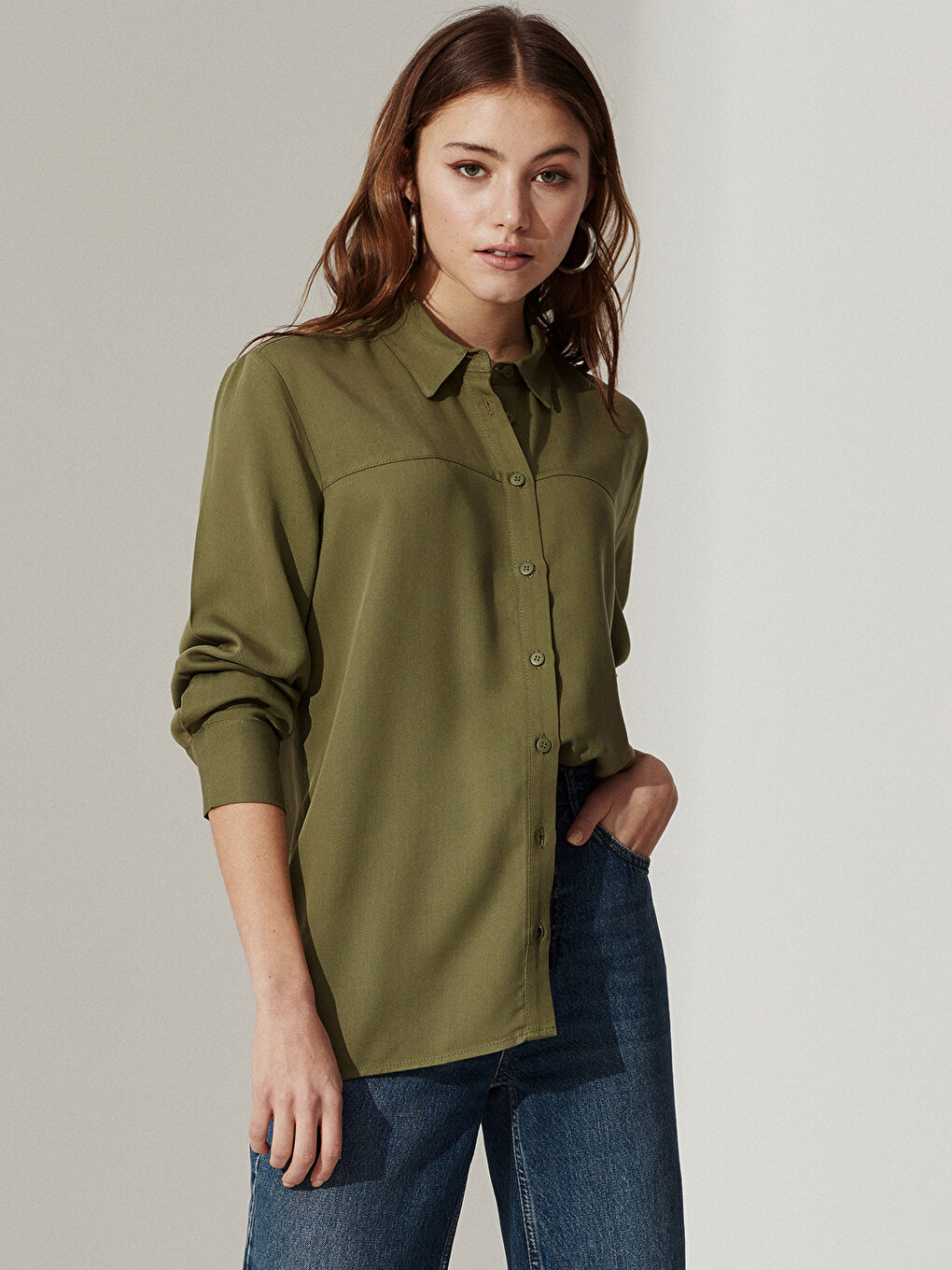 Yeşil Uzun Kollu Kadın Gömlek-1