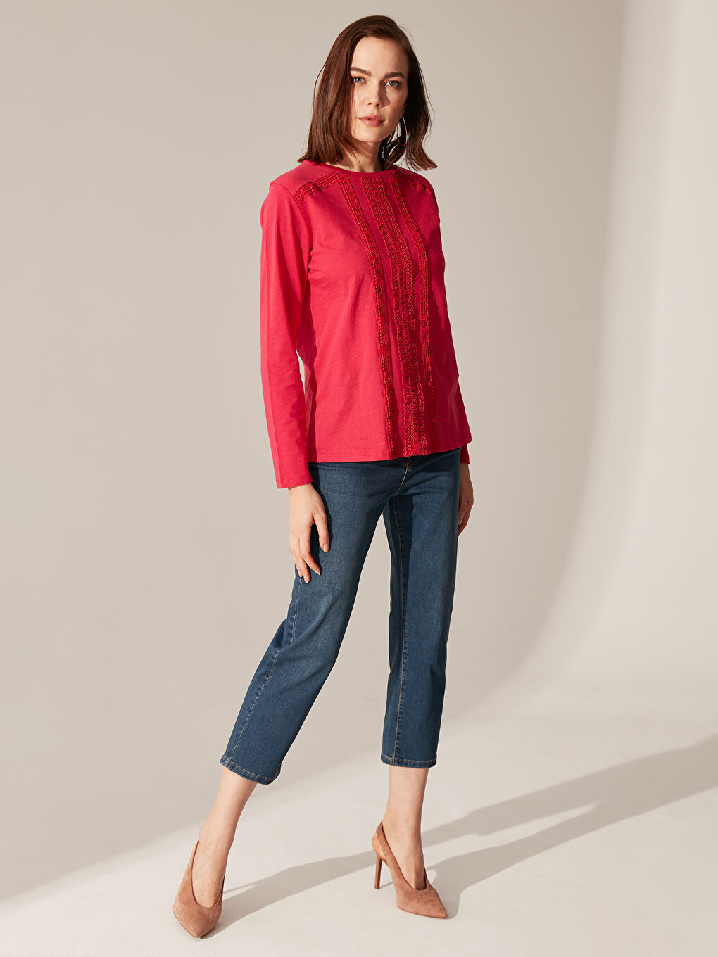 Fuşya Bisiklet Yaka Uzun Kollu Kadın Tişört-2