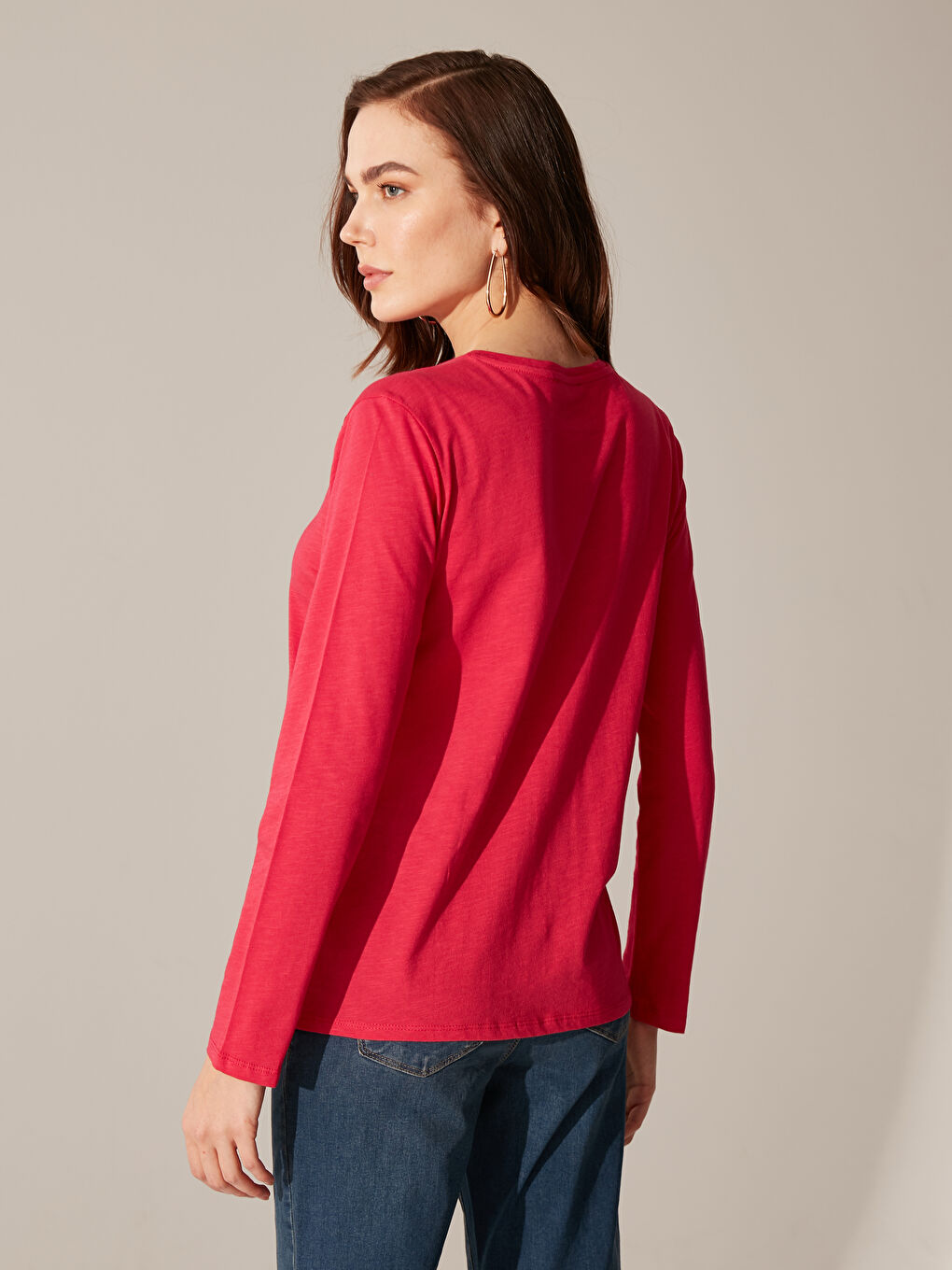 Fuşya Bisiklet Yaka Uzun Kollu Kadın Tişört-3