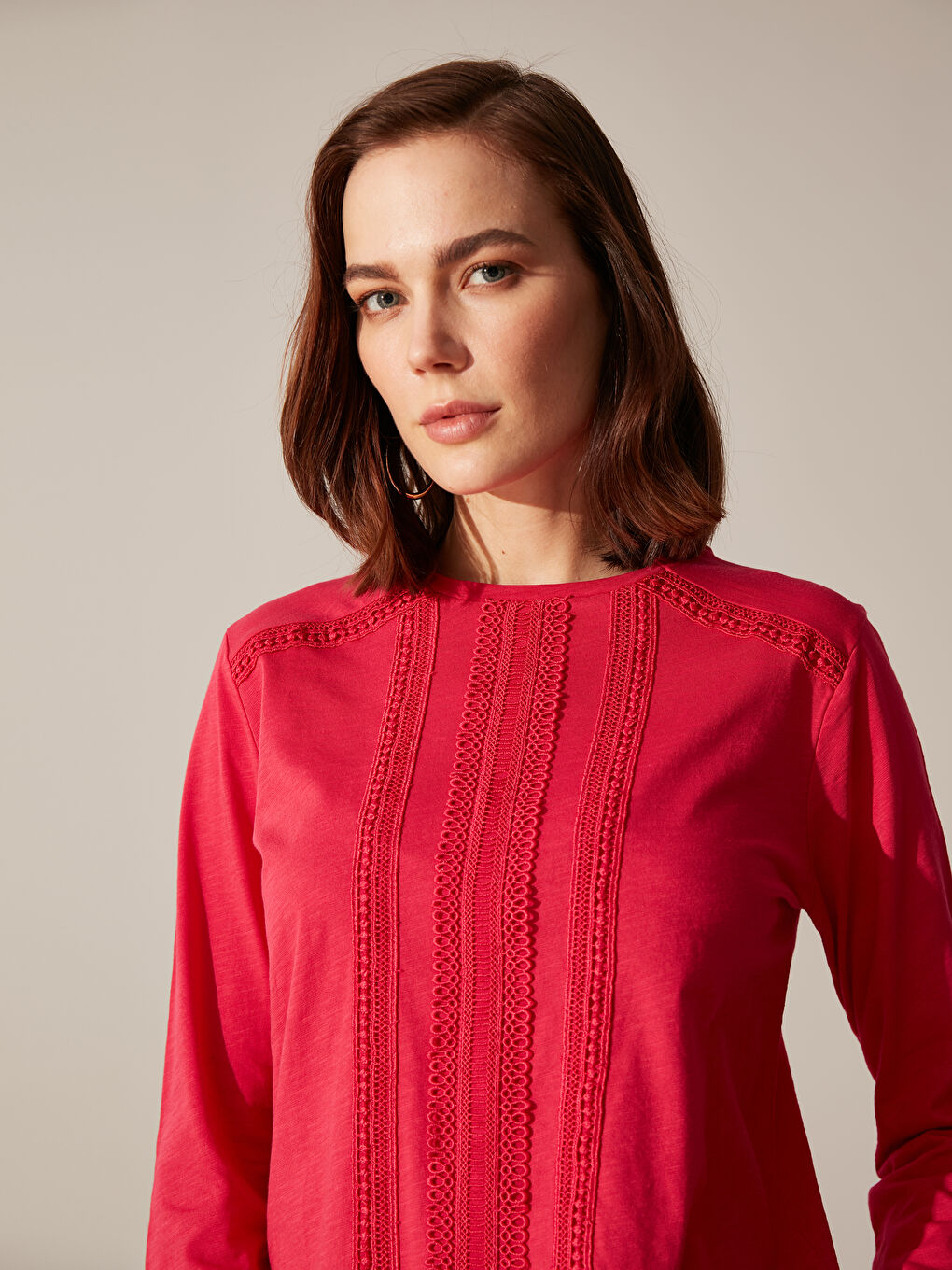 Fuşya Bisiklet Yaka Uzun Kollu Kadın Tişört-4