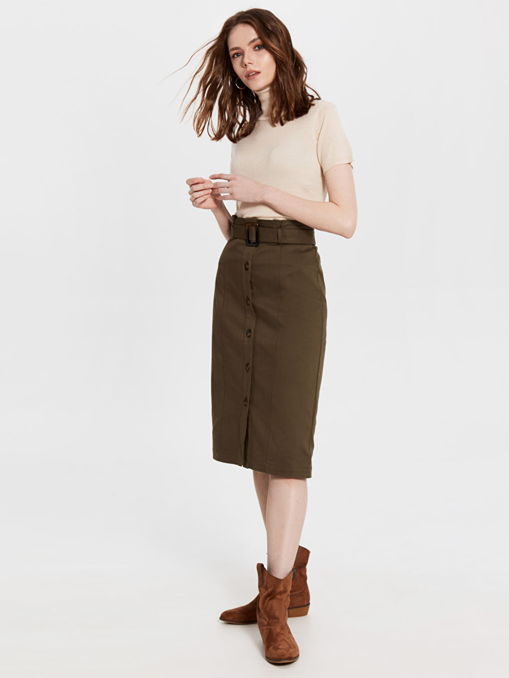 Haki Standart Fit Gabardin Kadın Etek