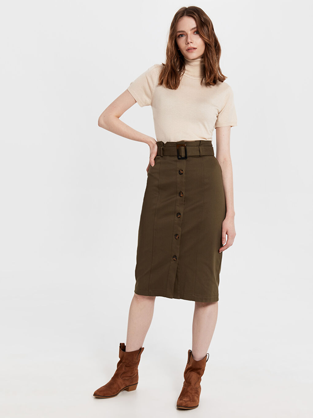 Haki Standart Fit Gabardin Kadın Etek-1