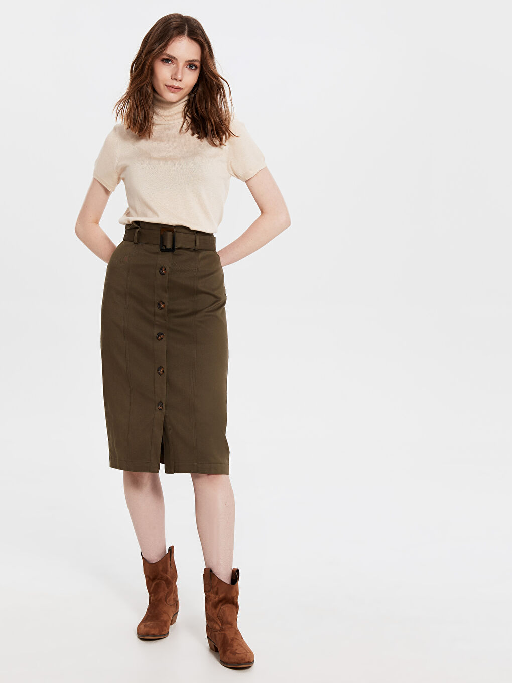 Haki Standart Fit Gabardin Kadın Etek-2