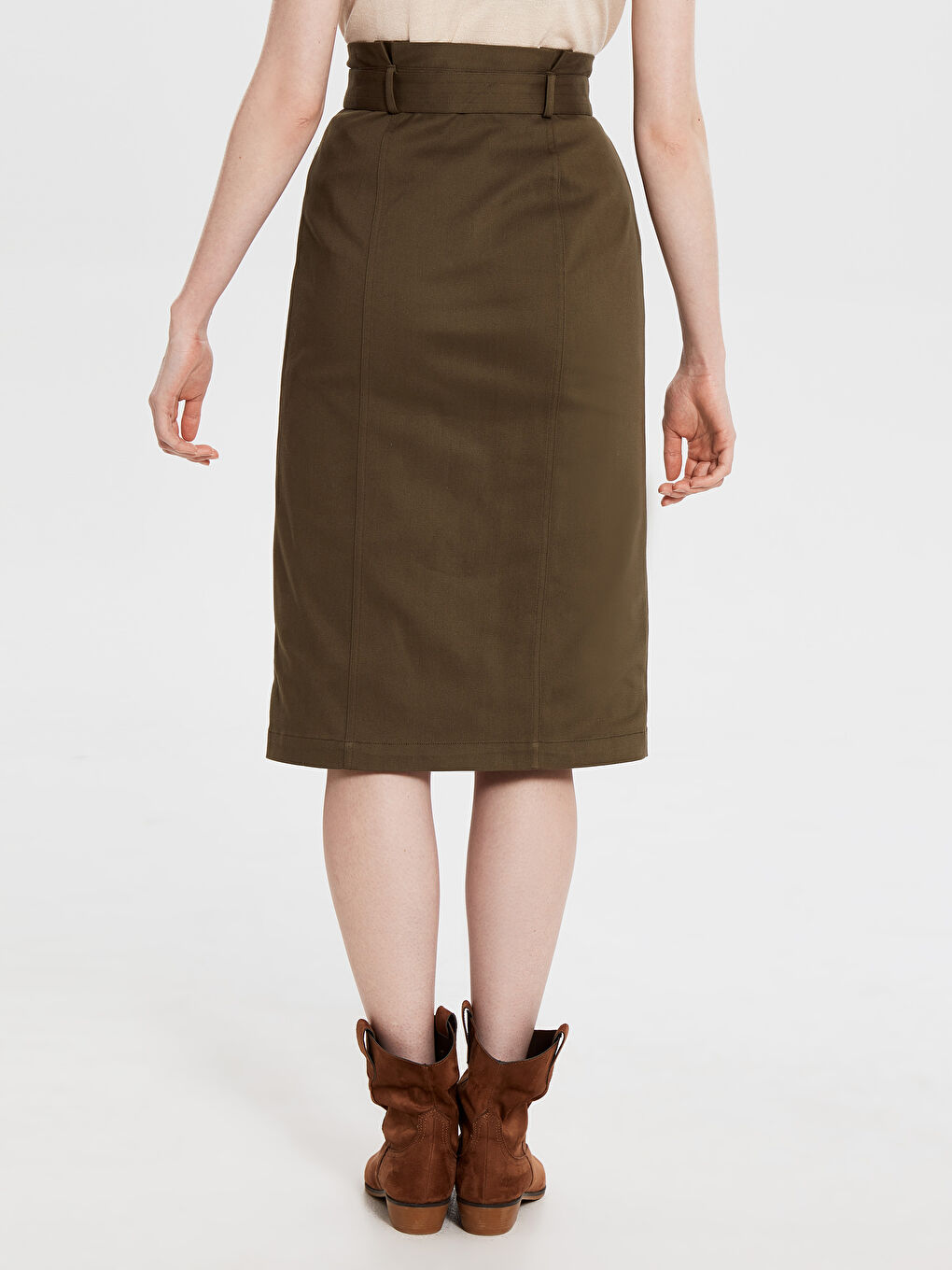 Haki Standart Fit Gabardin Kadın Etek-3