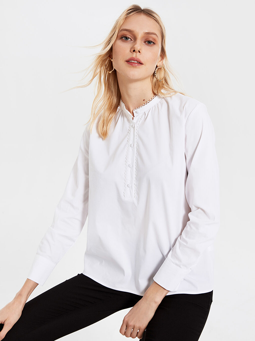 Ekru Uzun Kollu Poplin Kadın Bluz