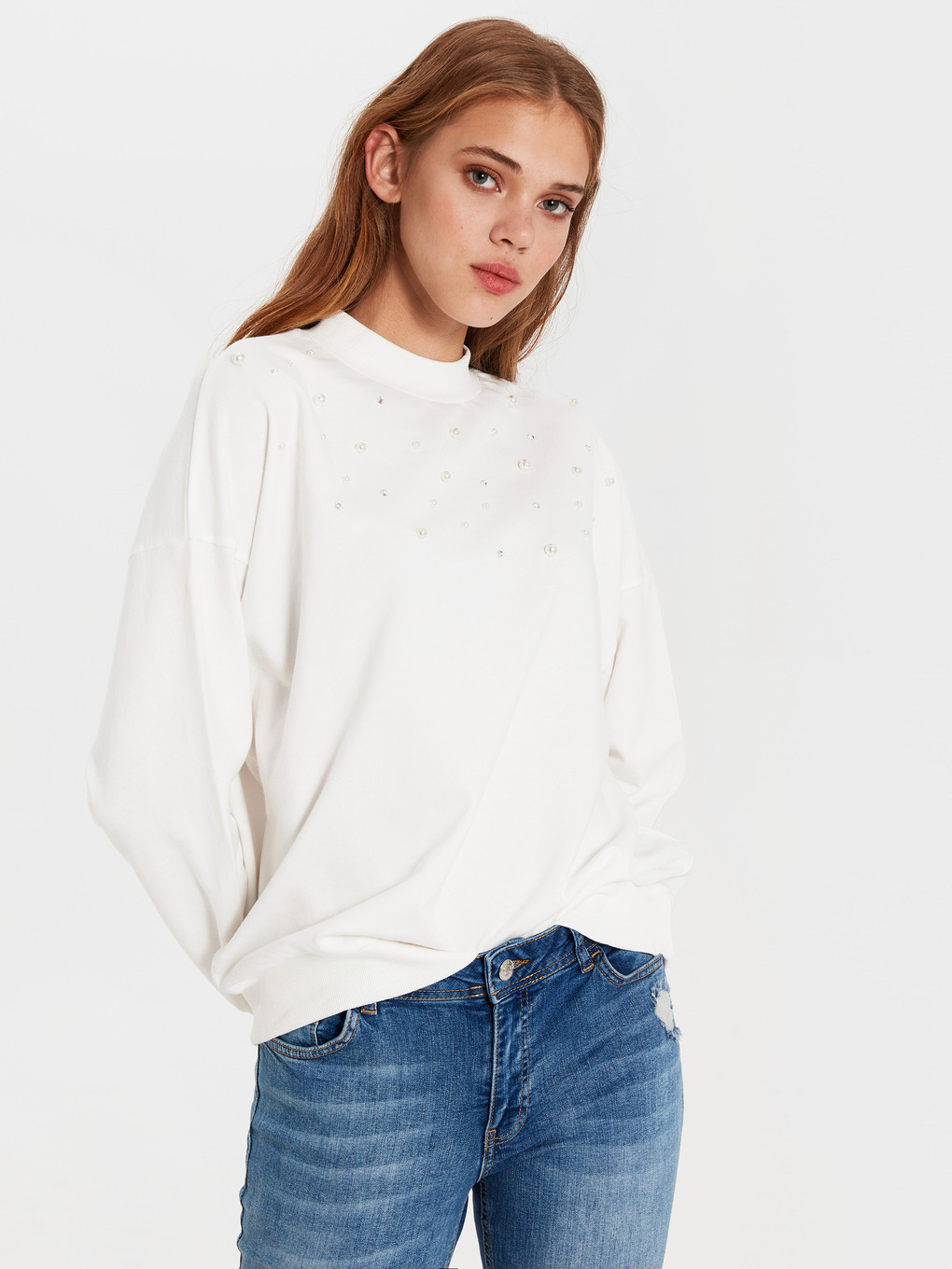 Ekru Bisiklet Yaka Uzun Kollu Kadın Sweatshirt