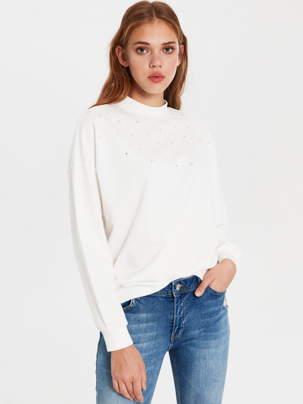 Ekru Bisiklet Yaka Uzun Kollu Kadın Sweatshirt-2