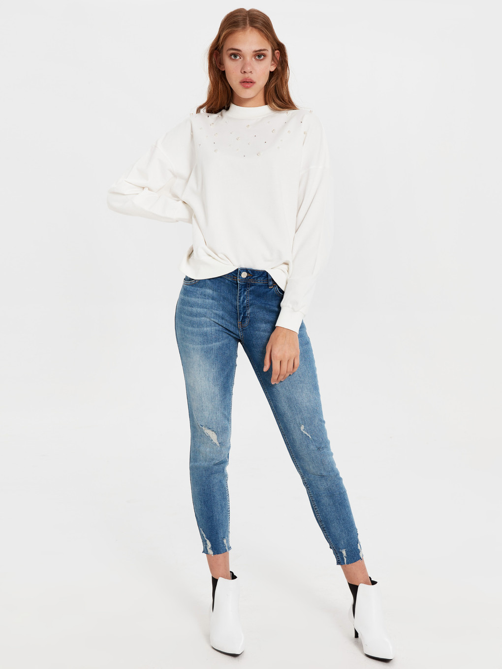 Ekru Bisiklet Yaka Uzun Kollu Kadın Sweatshirt-3