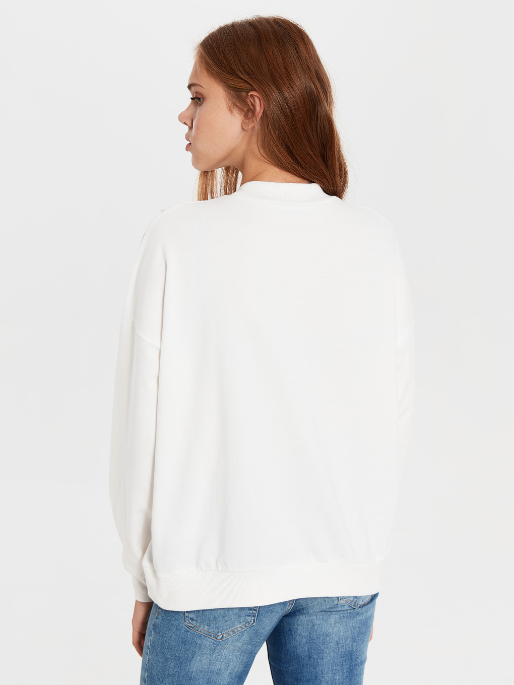 Ekru Bisiklet Yaka Uzun Kollu Kadın Sweatshirt-4