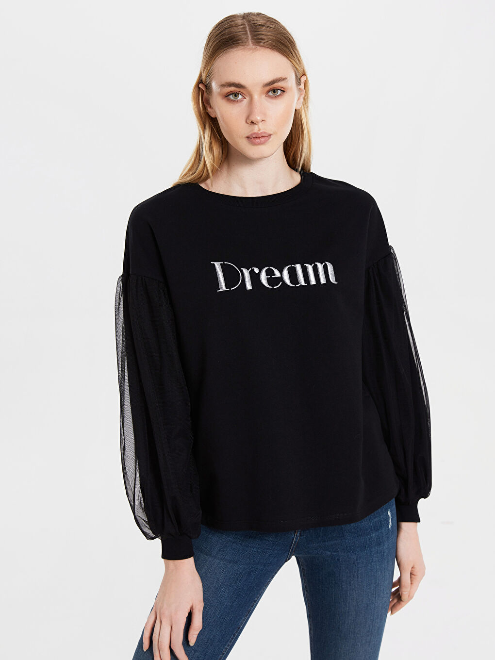 Siyah Bisiklet Yaka Uzun Kollu Kadın Sweatshirt