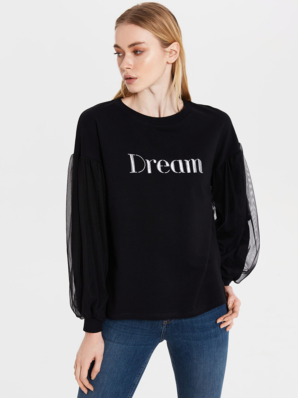 Siyah Bisiklet Yaka Uzun Kollu Kadın Sweatshirt-2