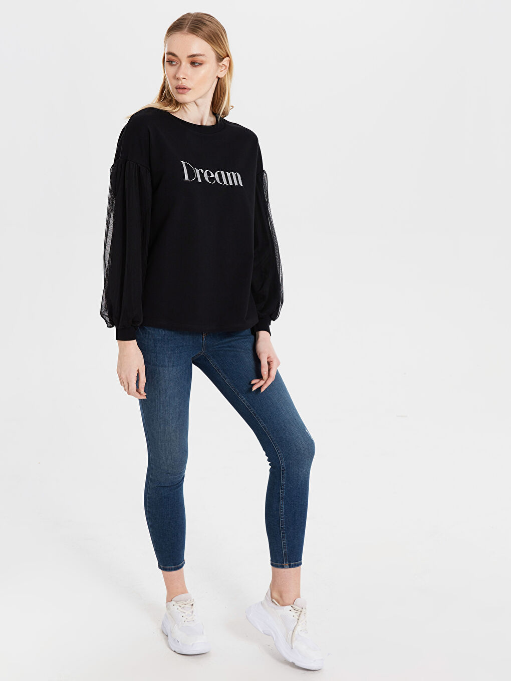 Siyah Bisiklet Yaka Uzun Kollu Kadın Sweatshirt-3