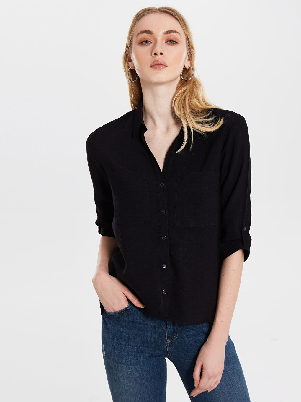 Siyah Uzun Kollu Kadın Gömlek-2