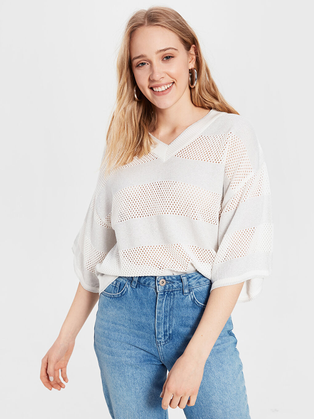 Gri V Yaka Kadın Kazak-1