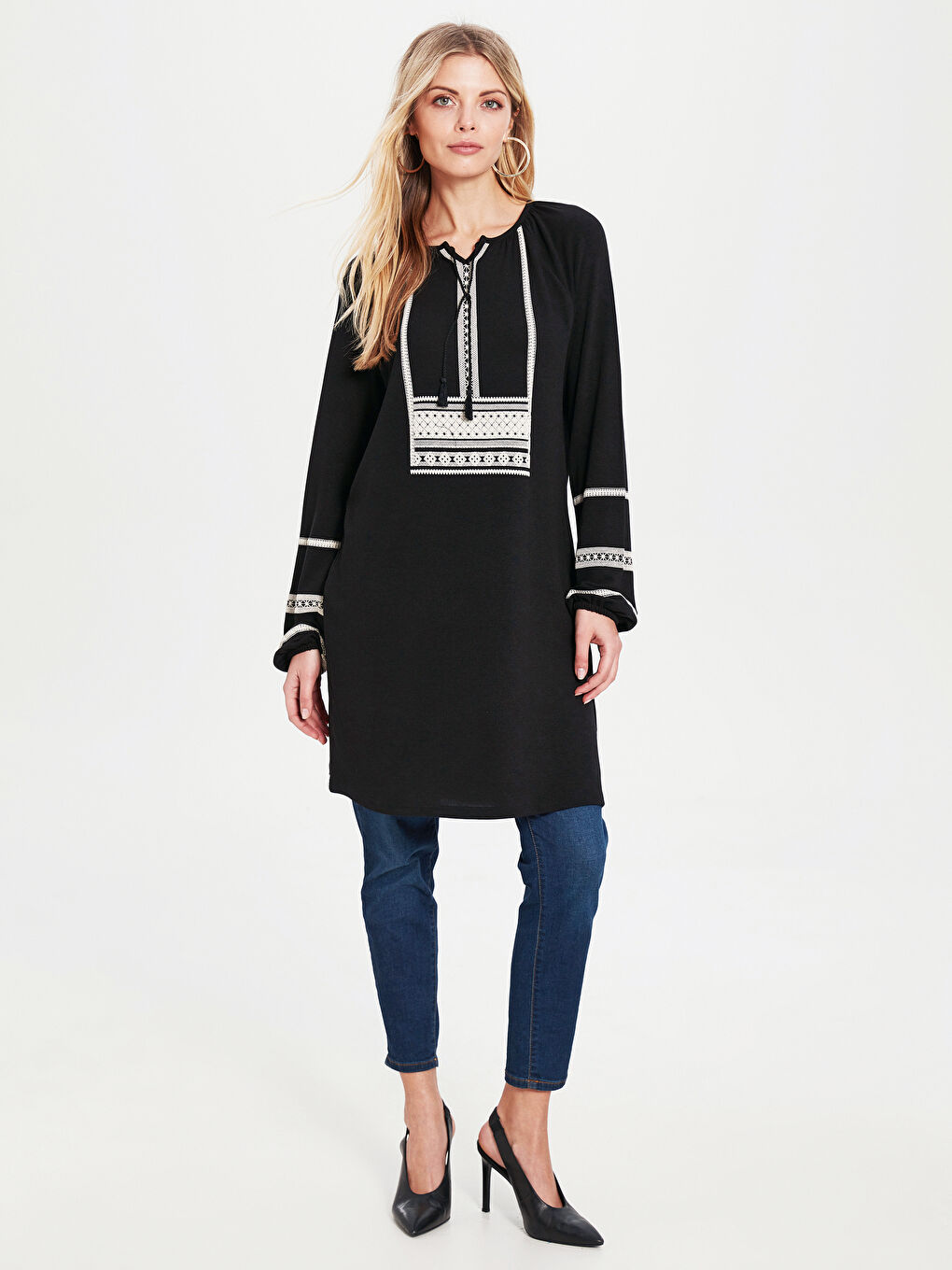 تونيك كم طويل بياقة دائرية للسيدات-1