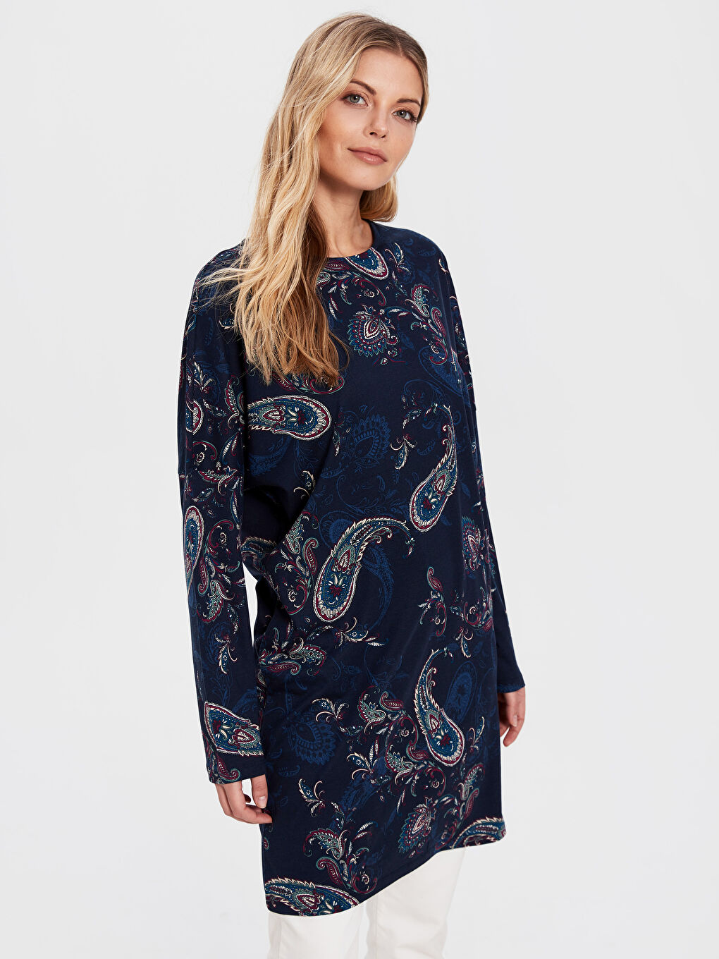 Lacivert Bisiklet Yaka Uzun Kollu Kadın Tunik