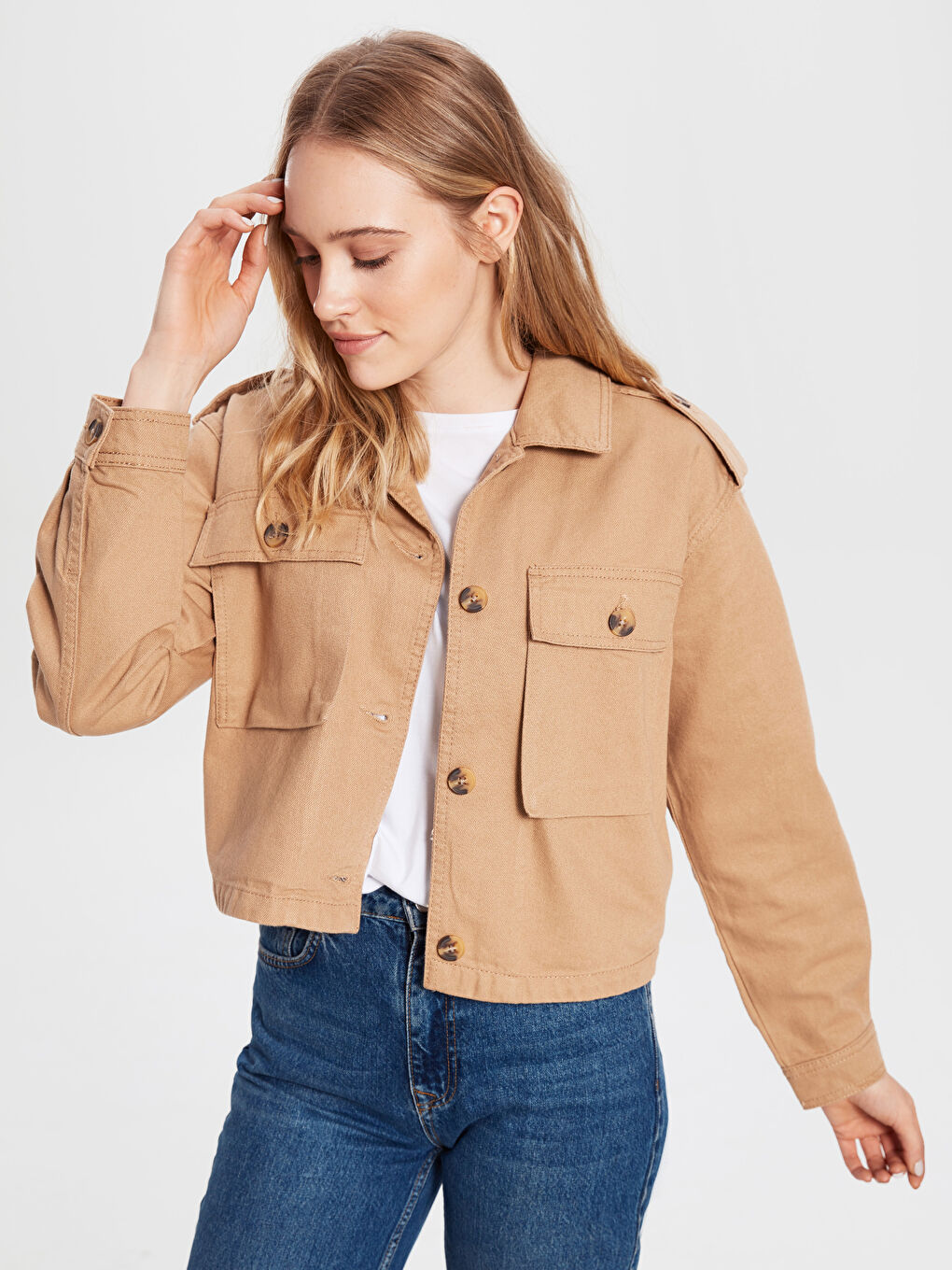 Bej Standart Fit Uzun Kollu Kadın Jean Ceket-1