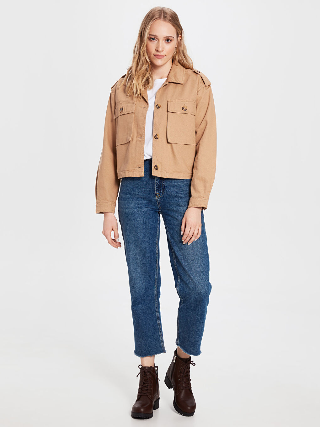 Bej Standart Fit Uzun Kollu Kadın Jean Ceket-2